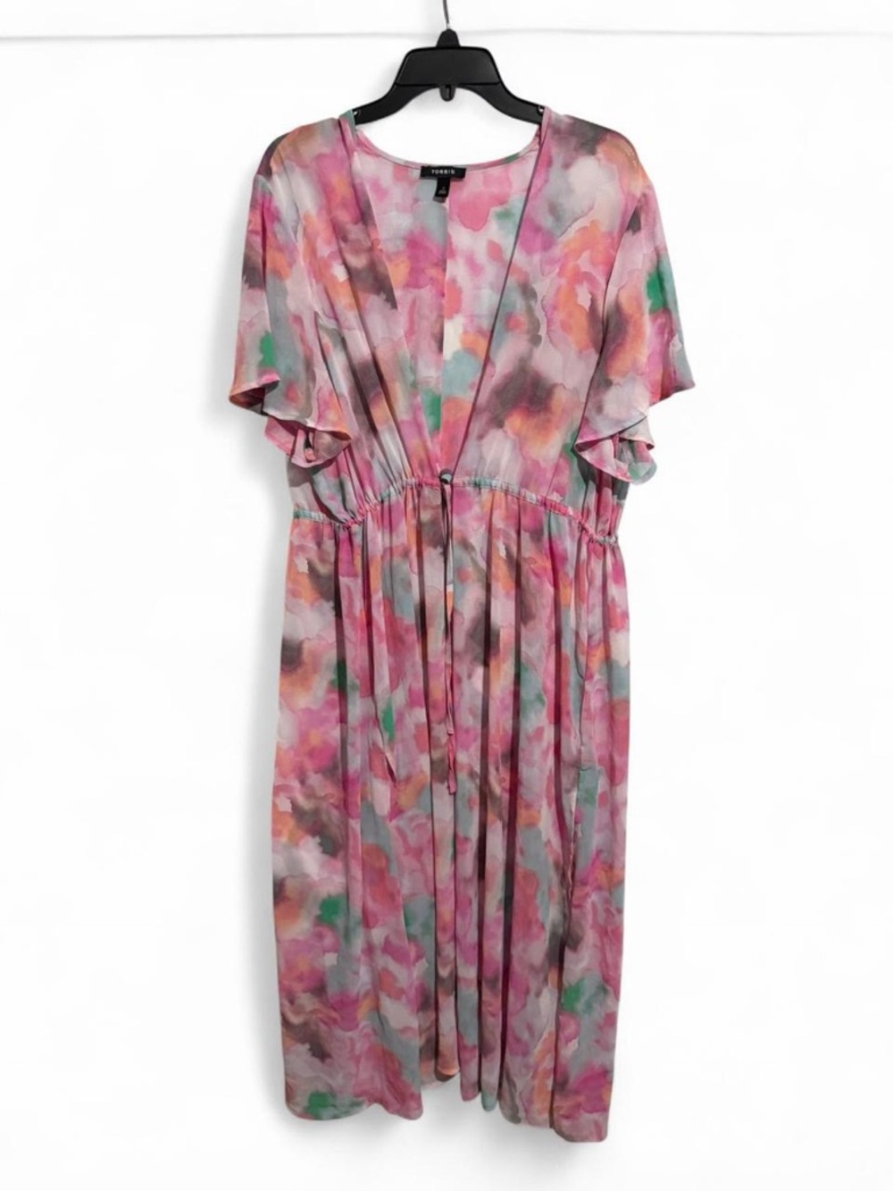 Torrid Pink Watercolor V-Neck Waist-Detail Midi Wrap Dress